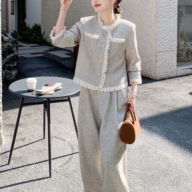 Lace-trimmed jacket & wide pants set S1911