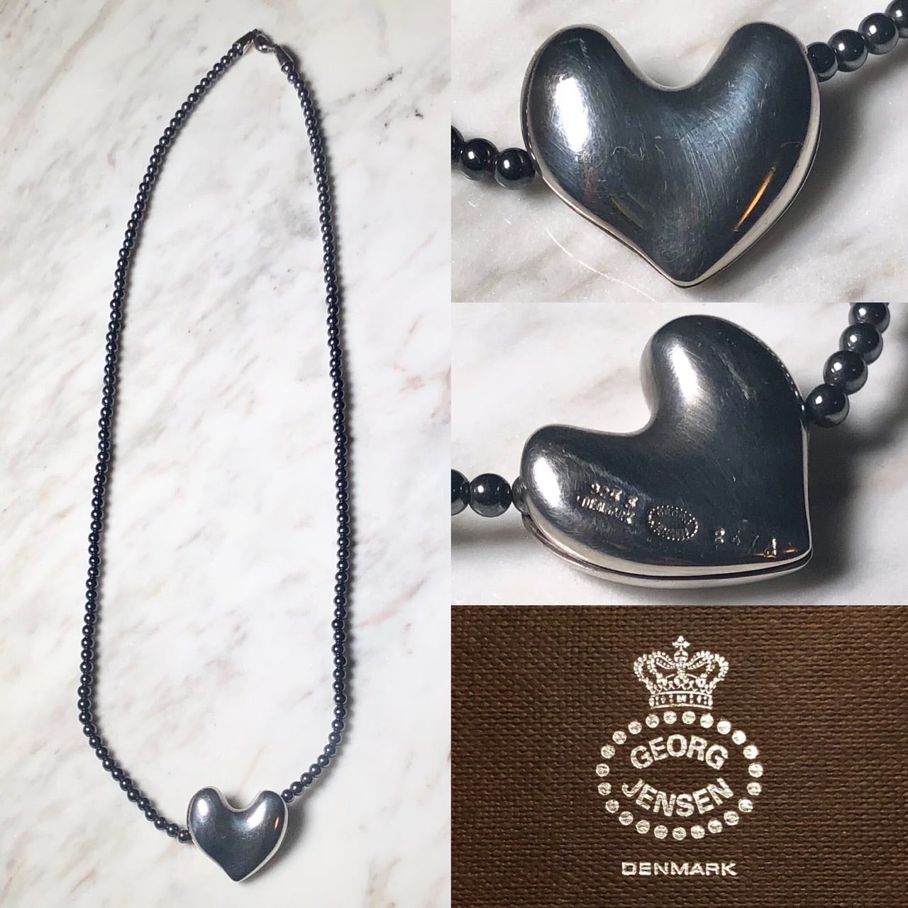 GEORG JENSEN silver heart motif pendant “247A” on hematite chain 