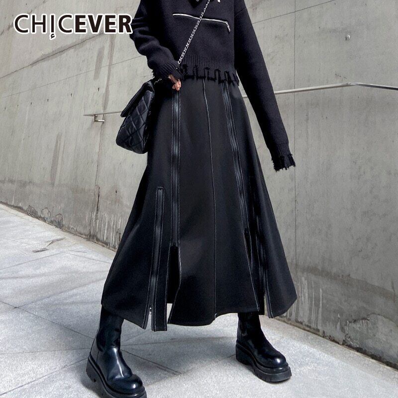 CHICEVERストリートウェアスカートレディースウエストパッチワークジッパールーズAラインブラックスカート2020秋 オータム 秋物 6base586320308136