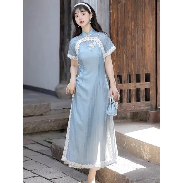 【之】★ワンピース★ブルー 唐装 結びボタン レディース服 チャイナ風 チャイナドレス