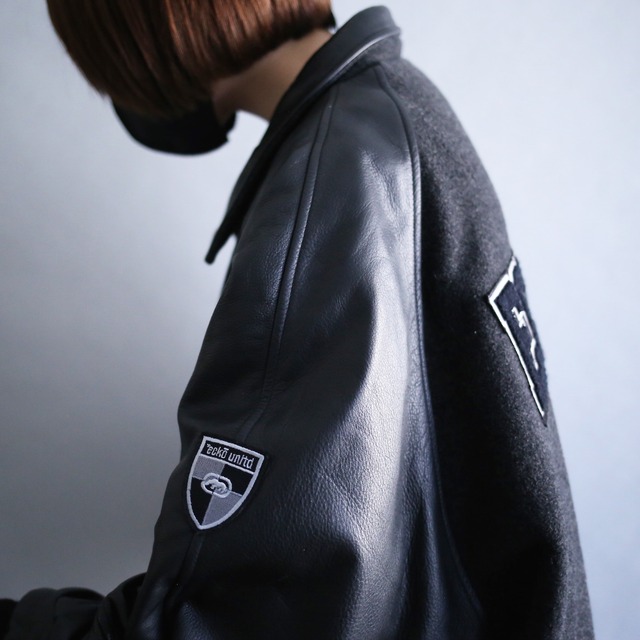 black leather switching front sleeve back wappen stadium blouson