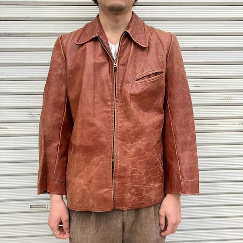 40s 50s GERMANY Vintage レザー スポーツ ジャケット ライダース ヴィンテージ モーターサイクル ドイツ製 シングル ブラウン Sサイズ
