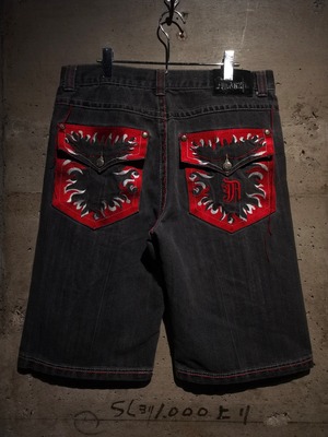 【Caka】Fire Embroidery Loose Black Baggy Denim Shorts
