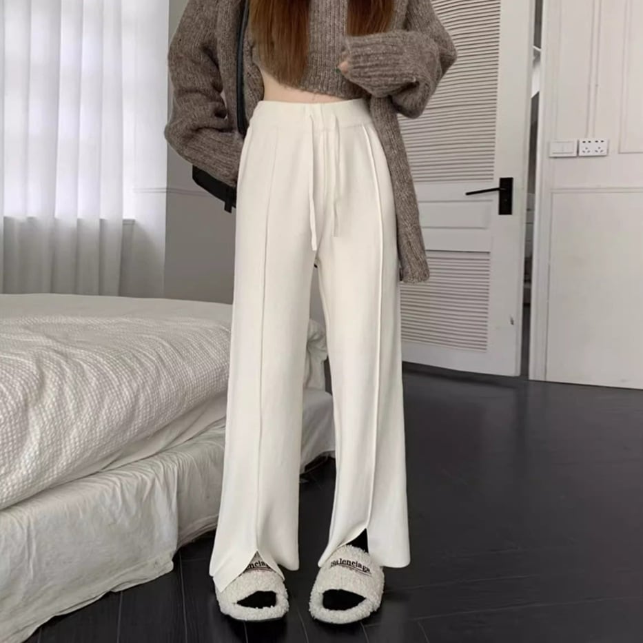 【bottoms】ハイウエスト サイドスリット ワイドニットパンツ L1020