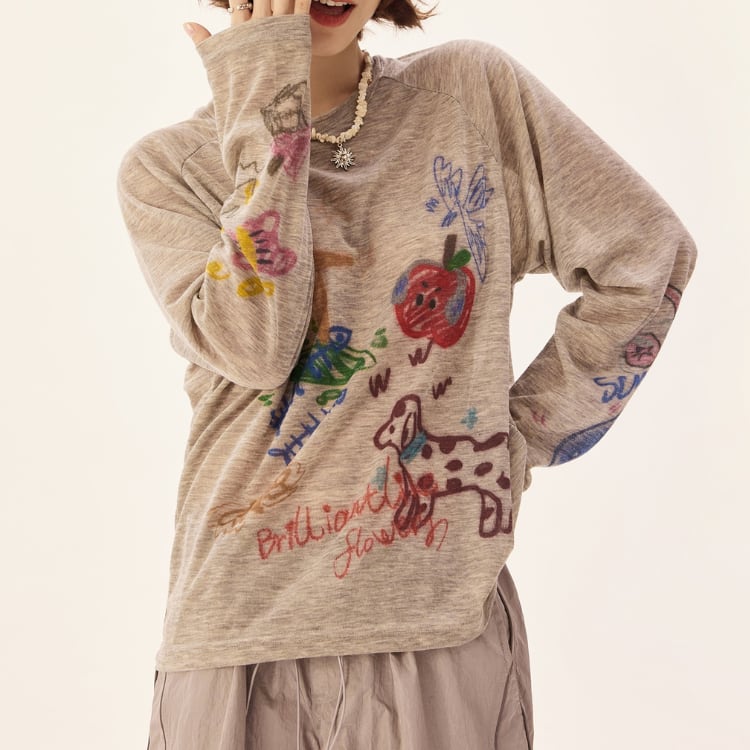 ラウンドネック 長袖 プリント Tシャツ L00028