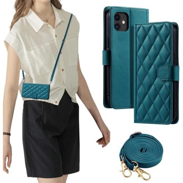 laddutoi FOR iphone11 ケース iphone 11 ケース 手帳型 おしゃれ ストラップ付き スタンド機能 カード収納 軽量 薄型 耐衝撃 高級PUレザー 滑り防止 財布型 内蔵マグネット 開閉式 チェック柄 上質 耐摩擦 マグネット式 肩掛け 斜め掛けーグリーン 2290