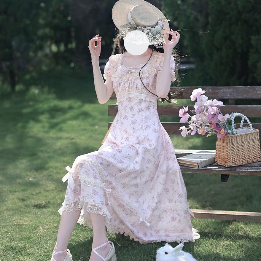花柄 レース リボンワンピース スラプリ 花柄シフォンレースリボン