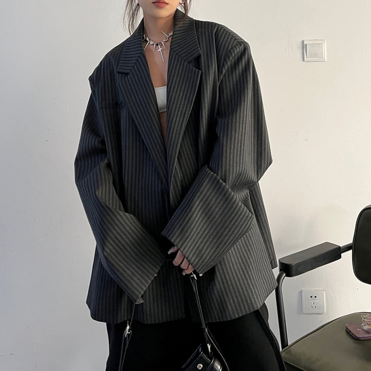 Stripe Pattern Oversized Jacket 01006