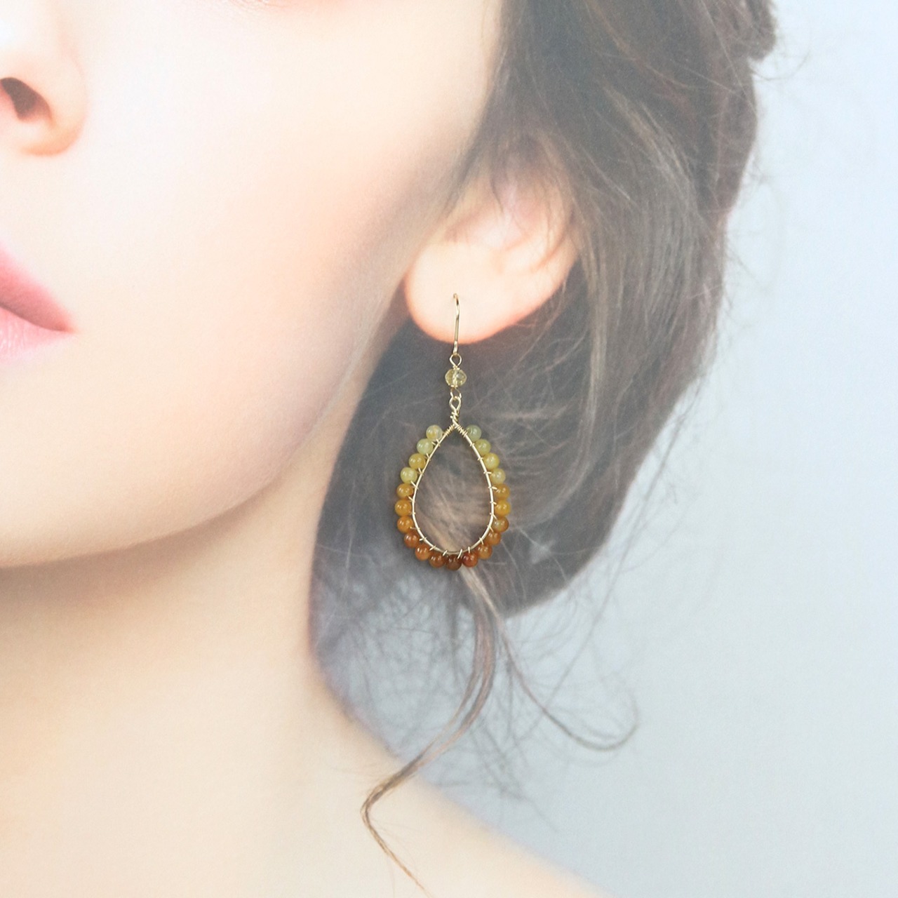 イエロー翡翠 グラデーション ドロップ イヤリング & ピアスA貨翡翠 jd_mm1011