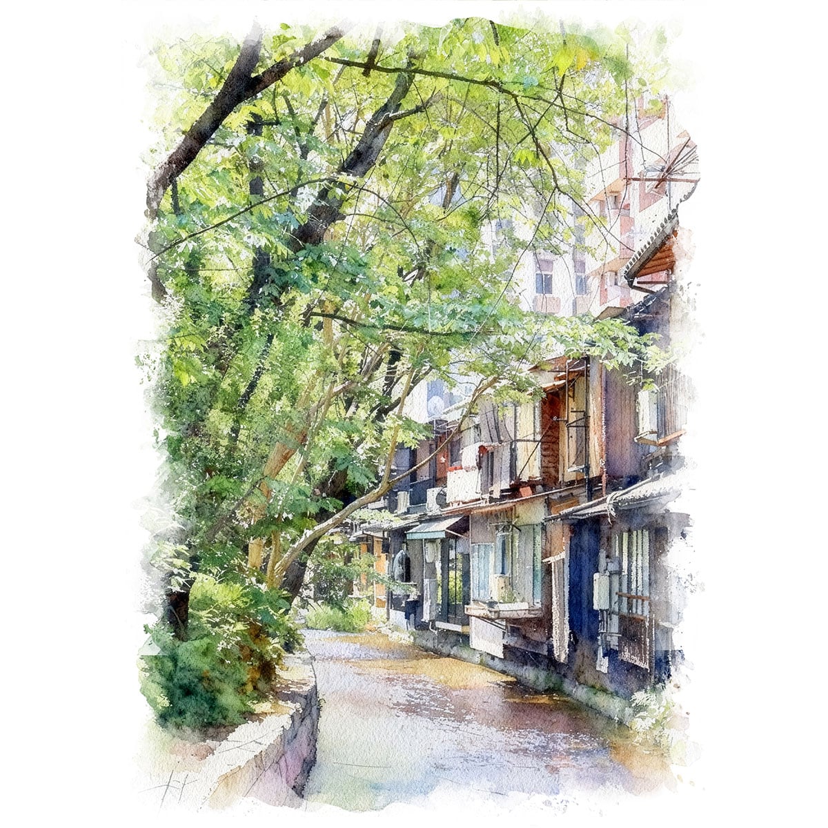 絵画 風景画 日本 京都府 高瀬川沿いの風景 インテリアアート額付き