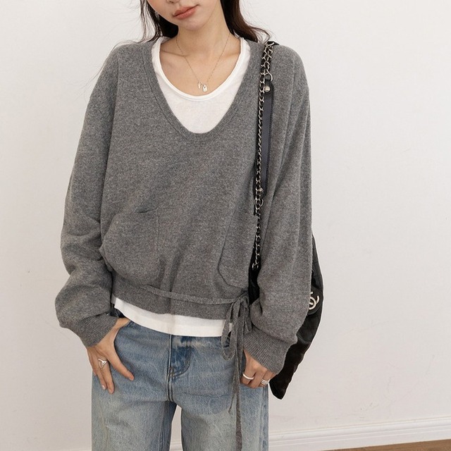 ウエストタイUネックニット 3color [am03939]
