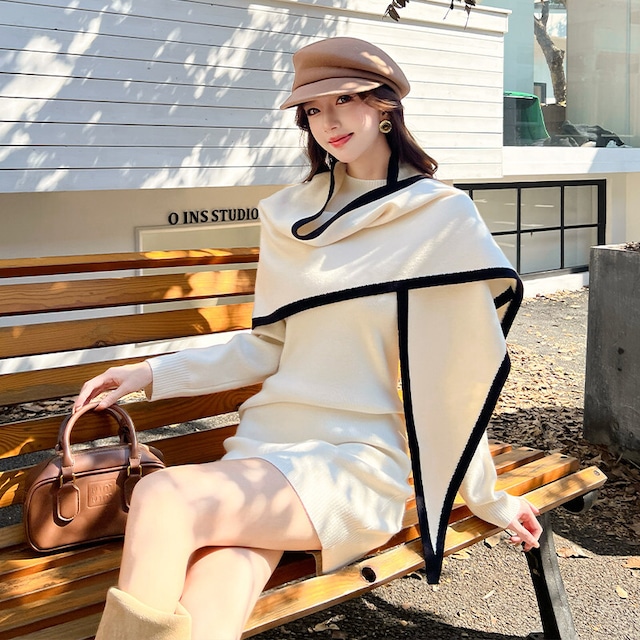 【CHERRYシリーズ】ワンピース ニット ケープ付き 洗練された ベージュ ブラック