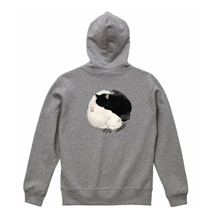 「陰陽の眠り ― 黒白猫図」前後両面 プルオーバーパーカー/"Yin and Yang Sleep - Black and White Cat" pullover hoodie