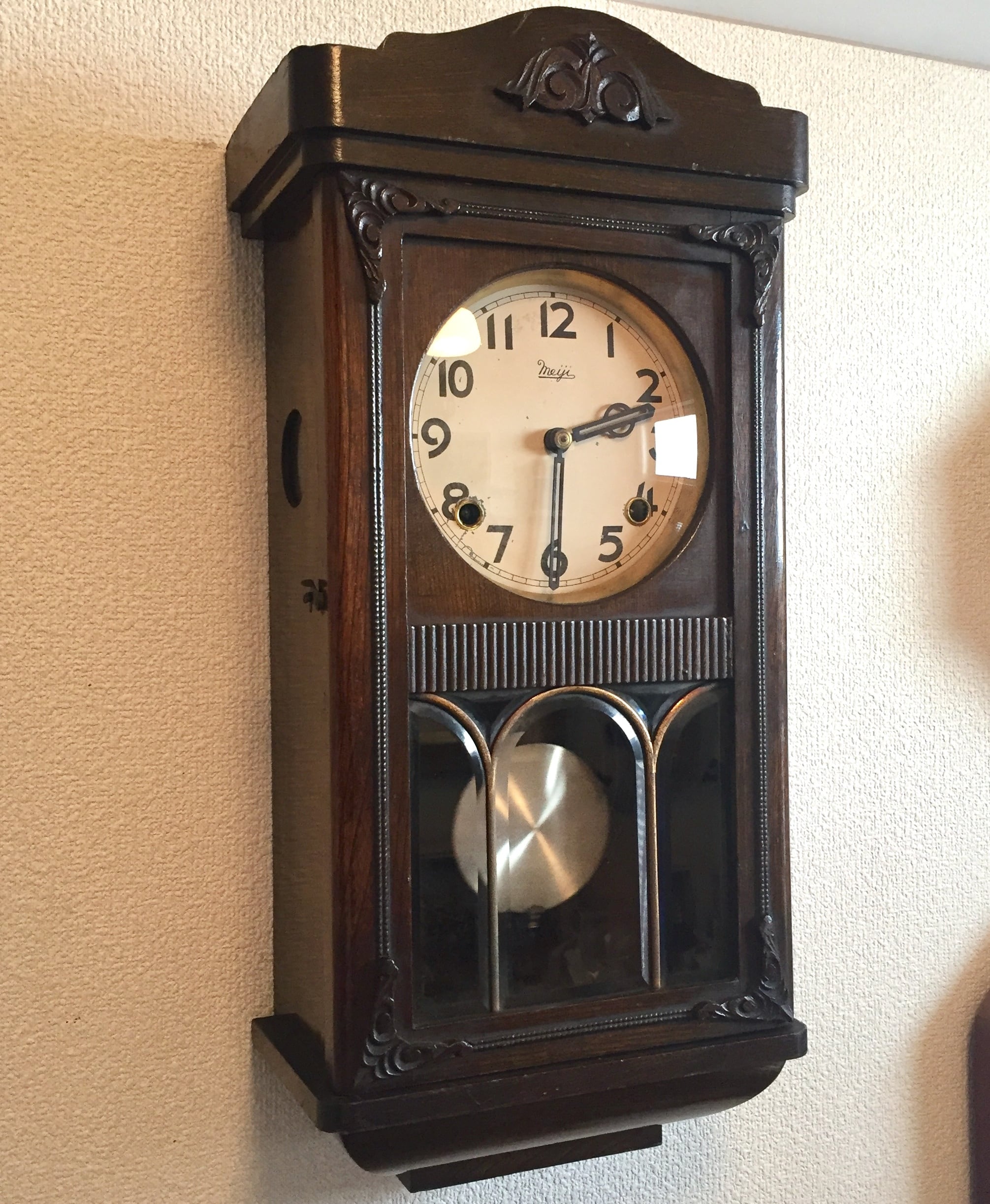 昭和10年頃 明治時計製造 ゼンマイ式 宮型掛け時計 オーバーホール済 稼働品 路地裏の骨董カフェShop