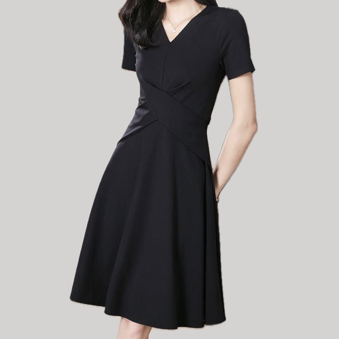 Black V neck waist cross design short sleeve flare dress 00190