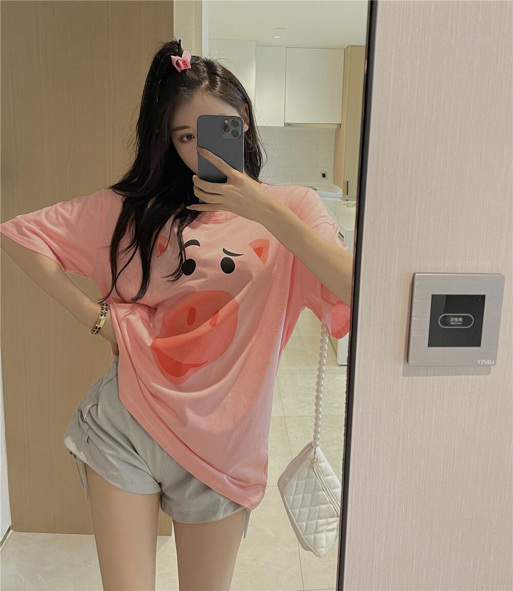 スリーブTシャツ サマーホワイトプリント薄手ロングルーズトップス 大人ガーリー スウィート キュート カジュアル 夏物 ブラックストロベリース89926731066