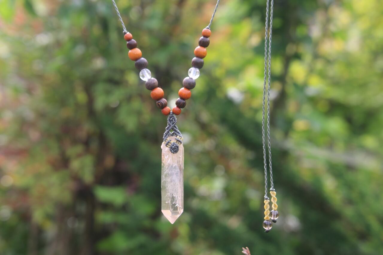 Himalayan crystal micro macrame wood pendant