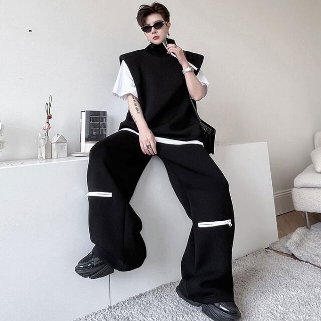 【予約販売】メンズ セットアップ 上下 無地 シンプル スエット ノースリーブ パンツ ジップデザイン ストリート ブラック グレー 韓国 カジュアル 春 夏 秋 M/L/XL