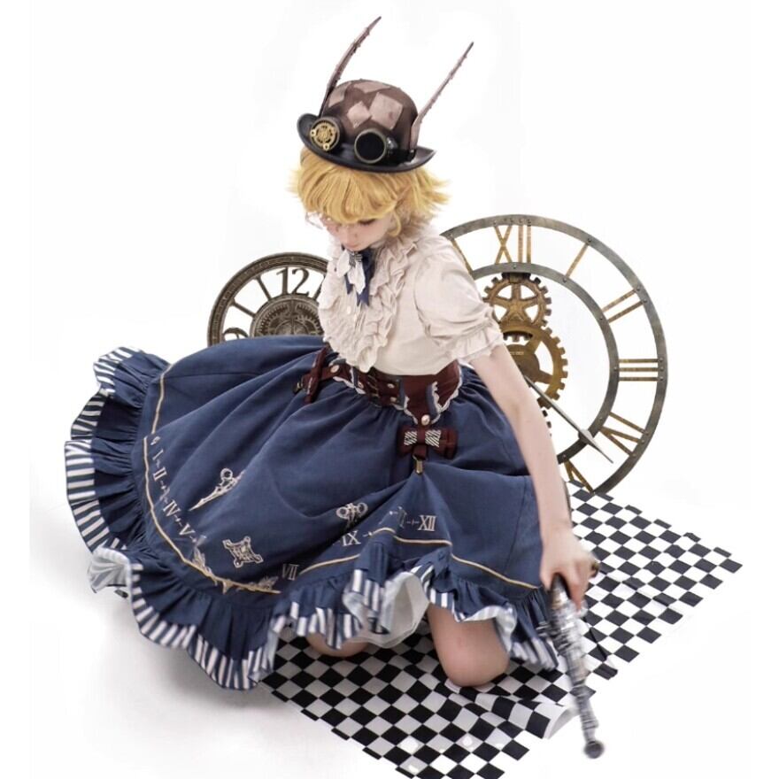 オリジナルlolita スチームパンク風 プリントロリータフルセット　L271＃ ロリータファッション 時巡りのコルセット風スチームパンク3点セット