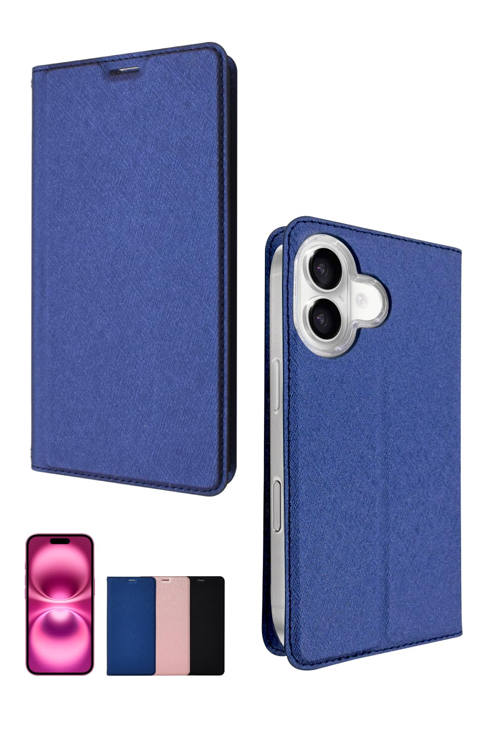 シズカウィル iPhone 16 用 ケース カバー 手帳型 スリム ケース ディープブルー 1個入り