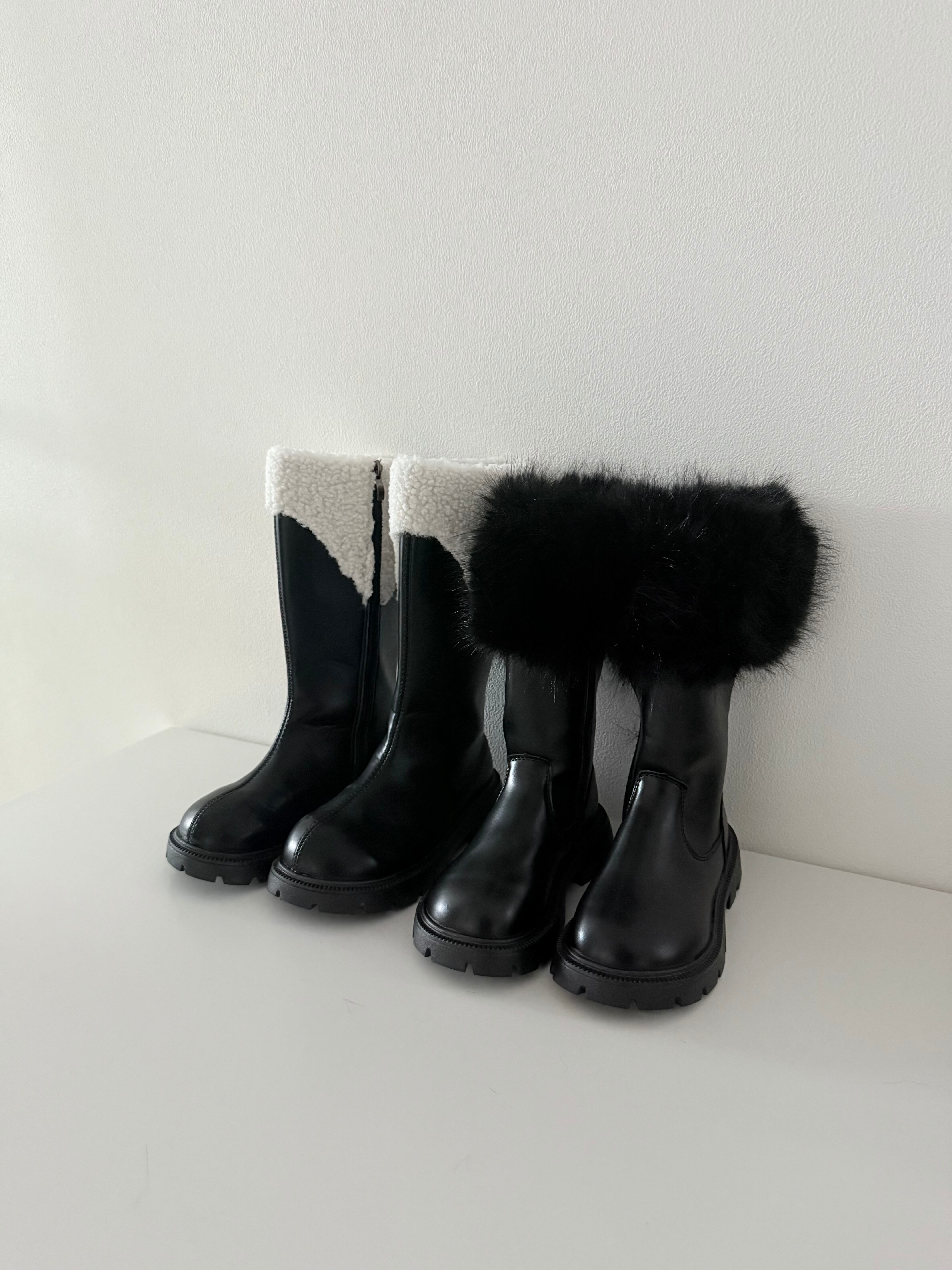 18cmのみ【 即納 】black fur long boots - ブラックファーロング