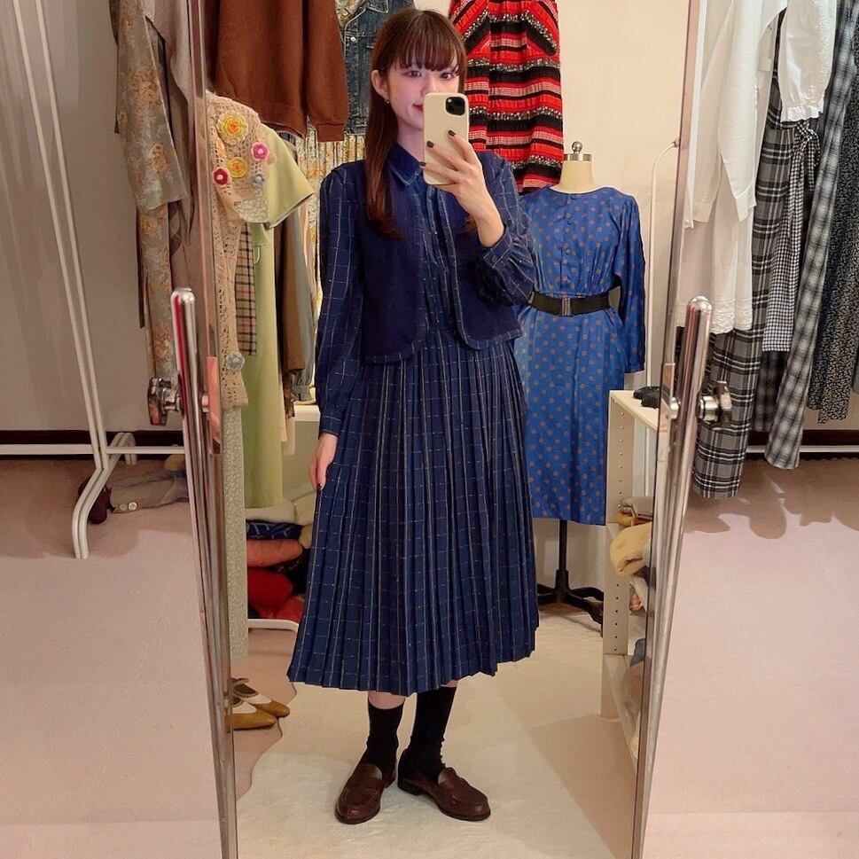 navy white check vest set one-piece