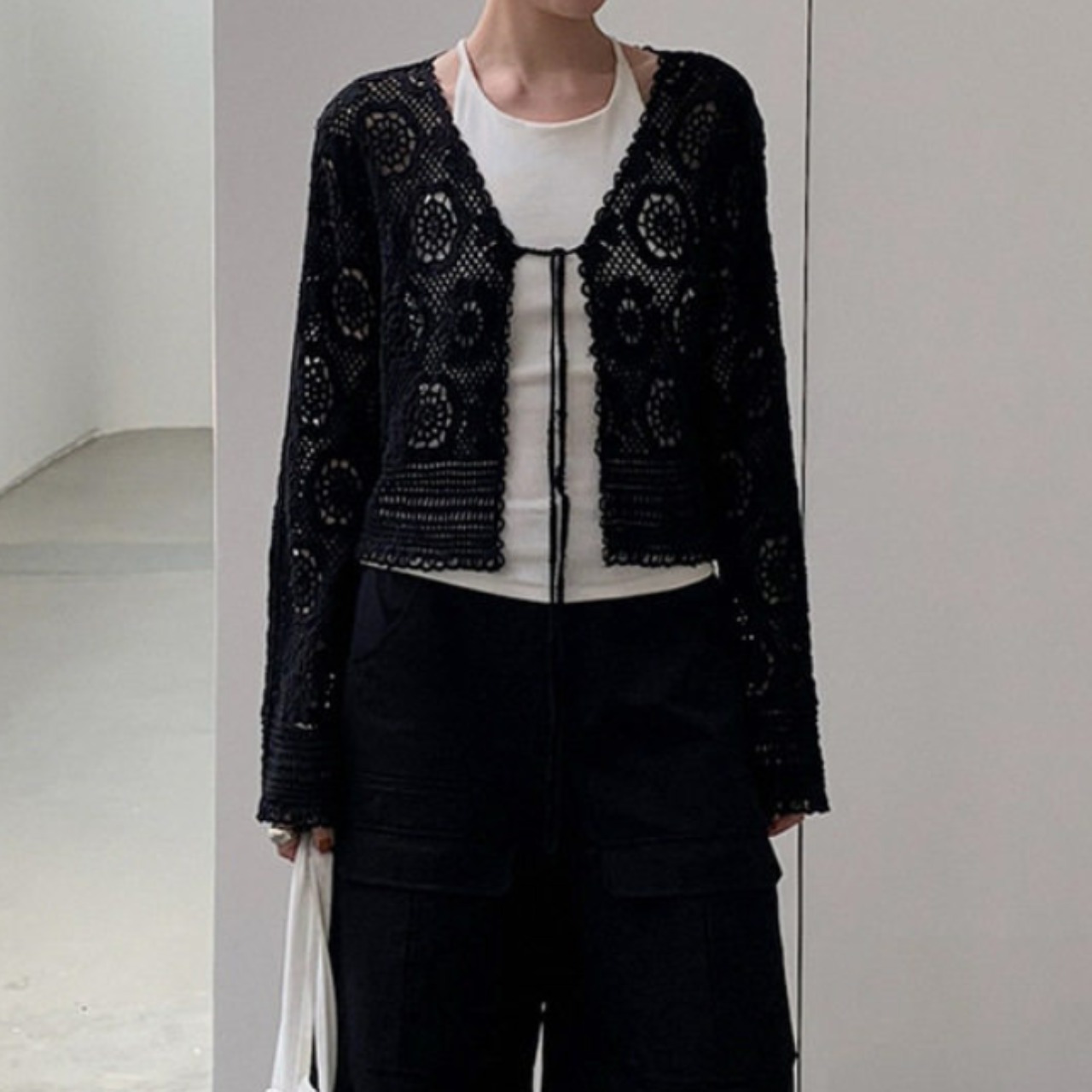 Crochet Drawstring Knit Cardigan F0637