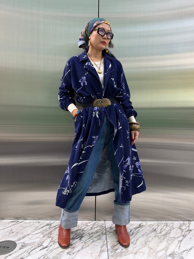 Vintage Euro navy floral pile coat
