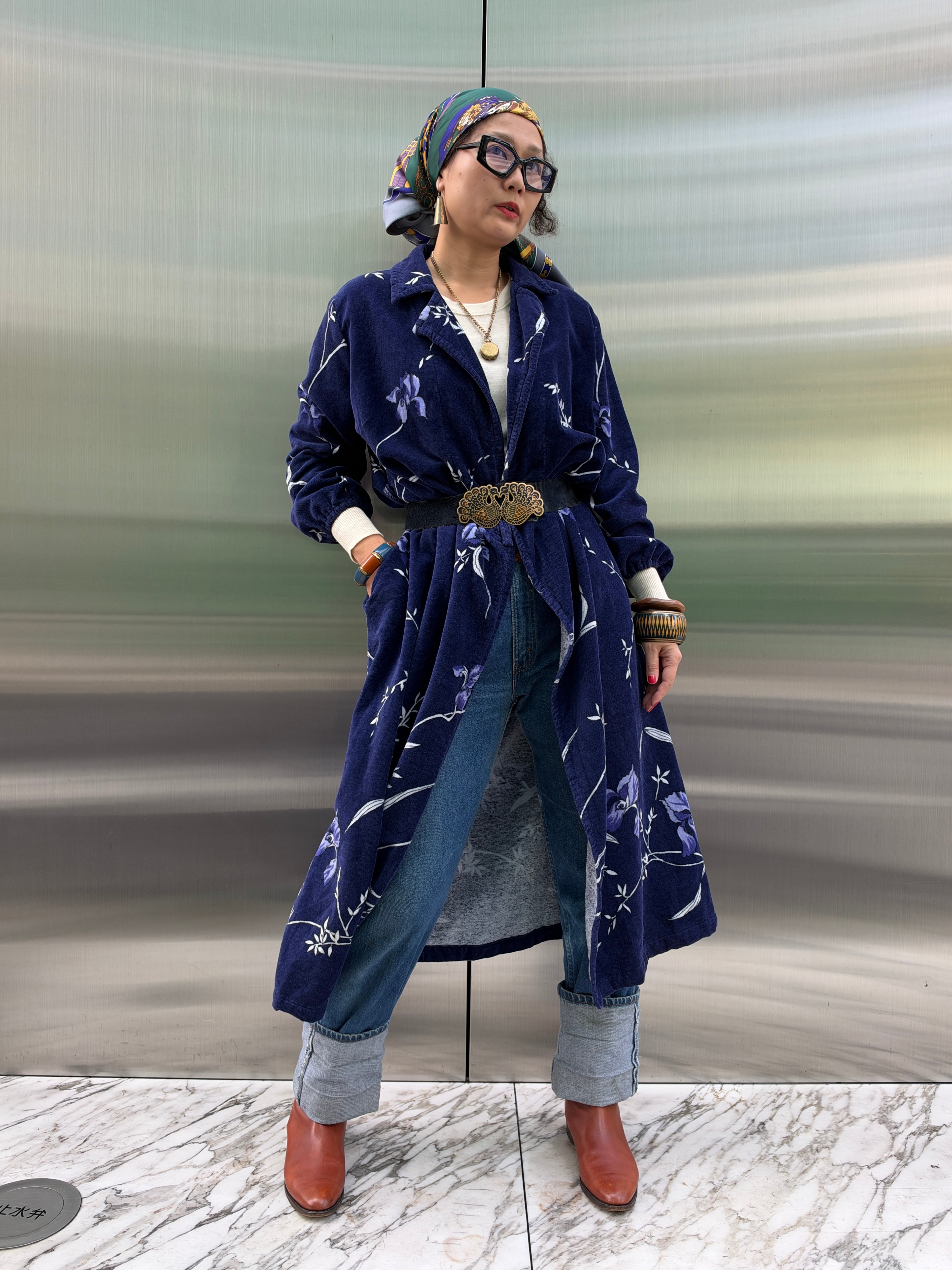 Vintage Euro navy floral pile coat