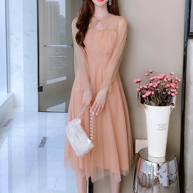 Yushiシリーズ ワンピース 可愛い 透け感 リボン 女子力up 薄い ストラップカフス 長袖 綺麗 Miyabigo