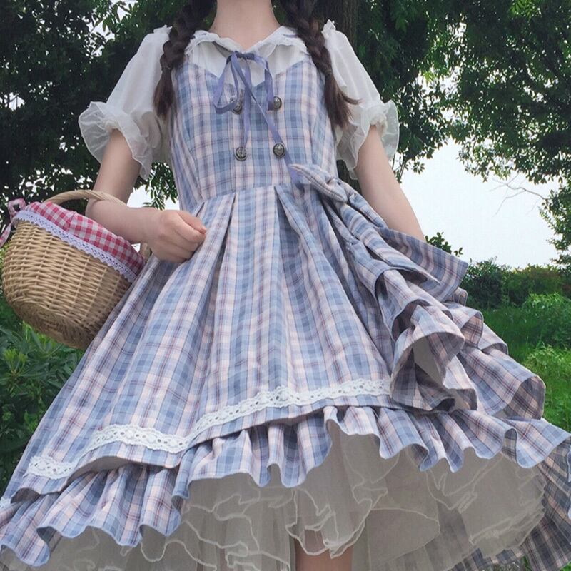 ドレス サマー格子柄ルーズスカート リボンノースリーブ 夏物 萌量不足11382050238