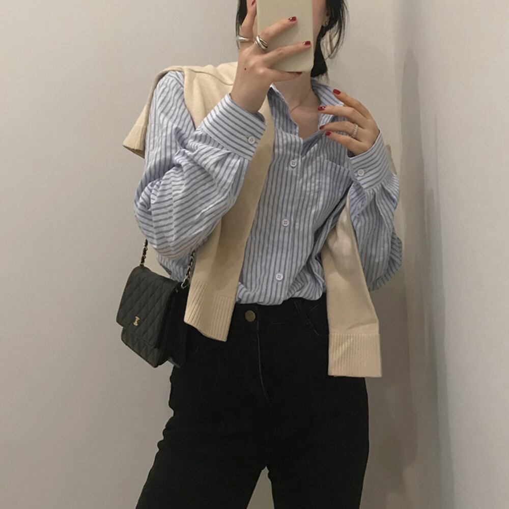ルーズポケットストライプシャツ 長袖スリーブトップス レディース ロング ビッグFスモールZ韓国8703353797