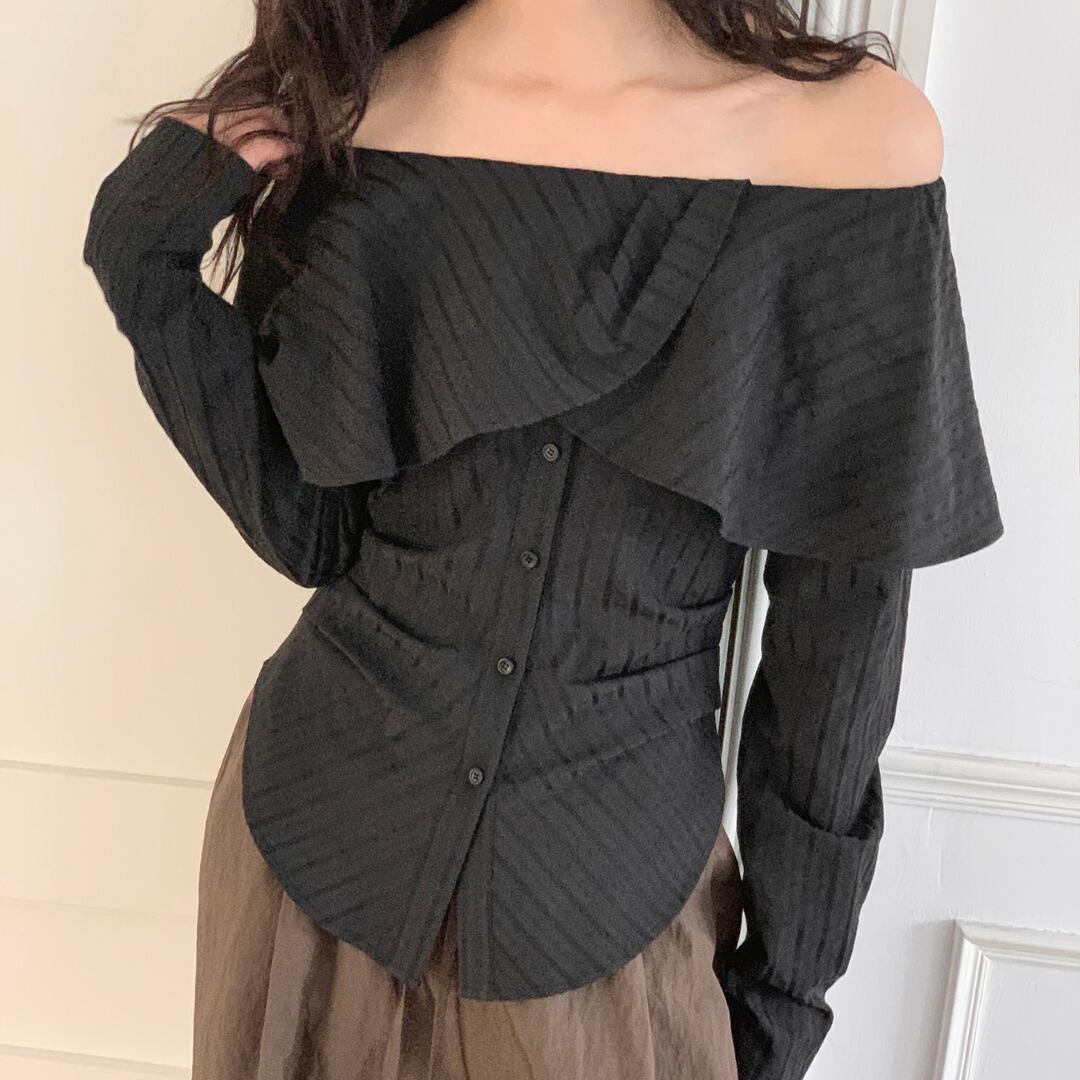 ストライプ柄 フリルオフショルダー ロングスリーブブラウス 00562