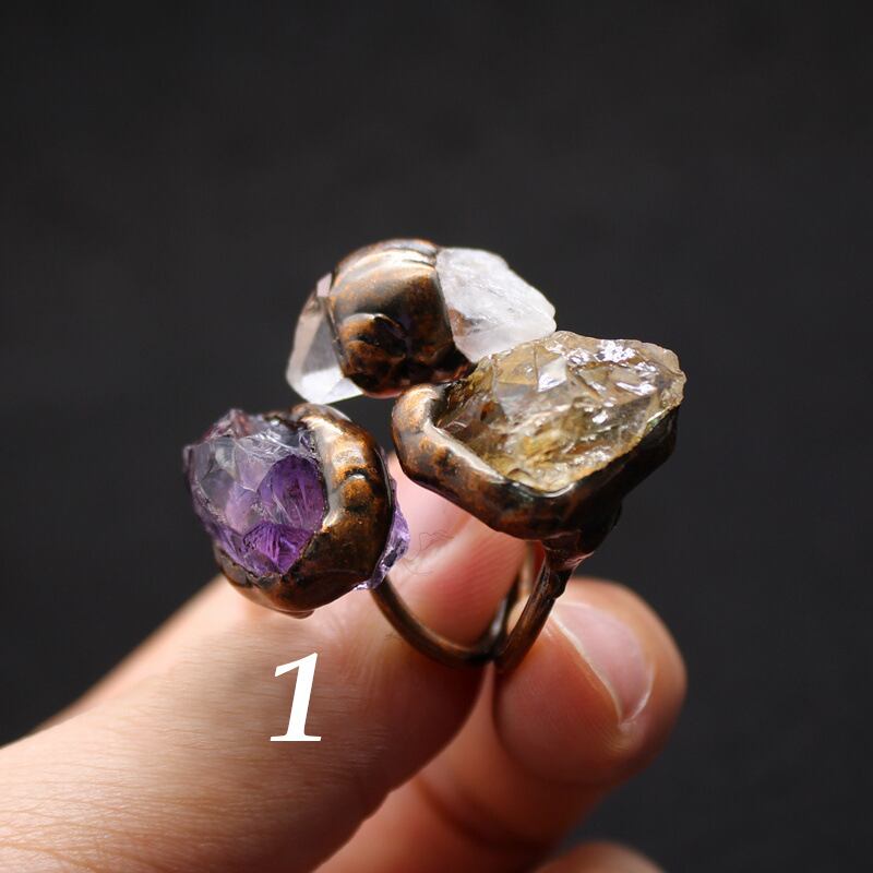 天然石 手作り水晶原石リング (アメジスト クオーツ、シトリン)