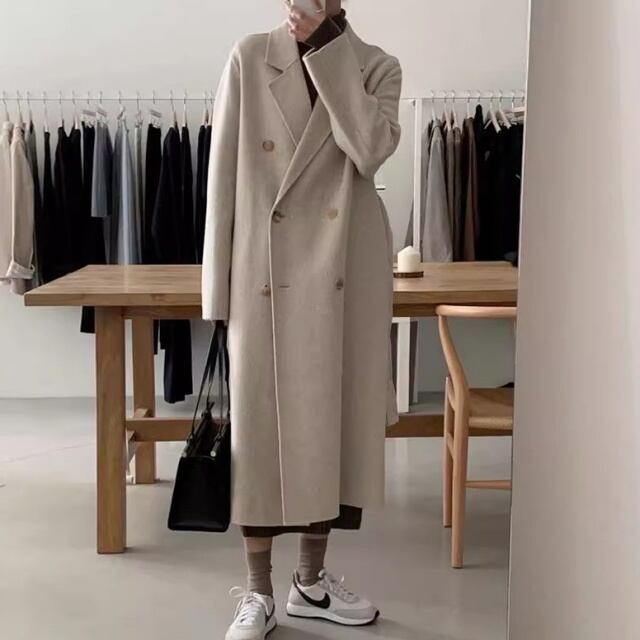 【予約販売】チェスターコート レディース アウター アイボリー コーヒー ダブル ロング丈 こなれ感 大人可愛い シンプル ベーシック エレガント おしゃれ 韓国 トレンド フリー