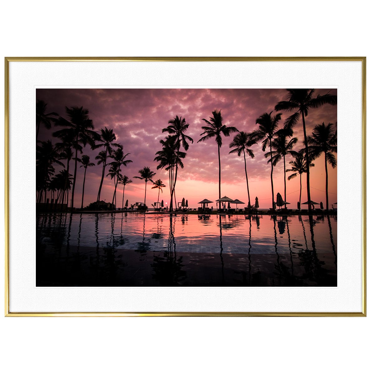 夕日写真 夕日とプールに反射するヤシの木 インテリアアートポスター額装 AS0418