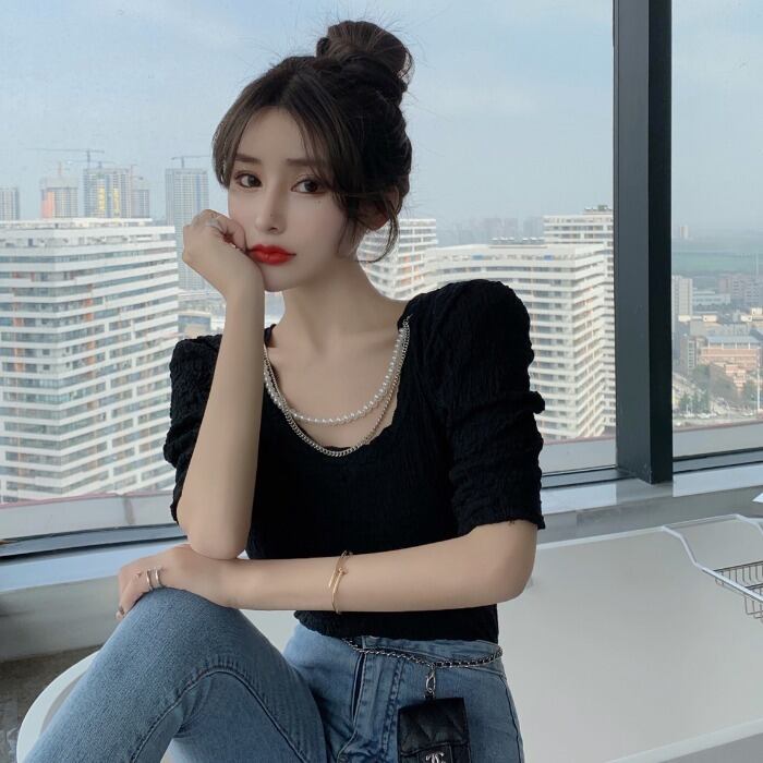 チェーン ネックレス ラウンドネックTシャツ レディースサマーソリッド カラースリムスリーブトップス レース 夏物 Oネック ソリッドカラー ドラファッションホール84799329449