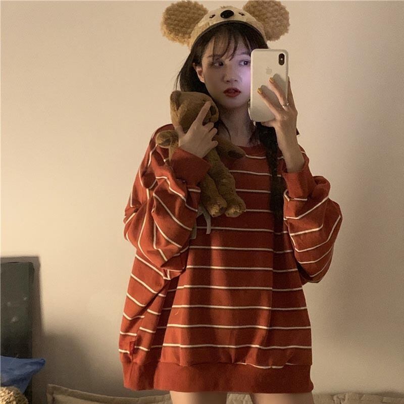 ガールフレンドドレスストライプ初秋のセーター女性秋冬バージョンのルーズBF怠惰な風ワイルドミドル丈ワイルドトップトレンド 萌量不足72781484315