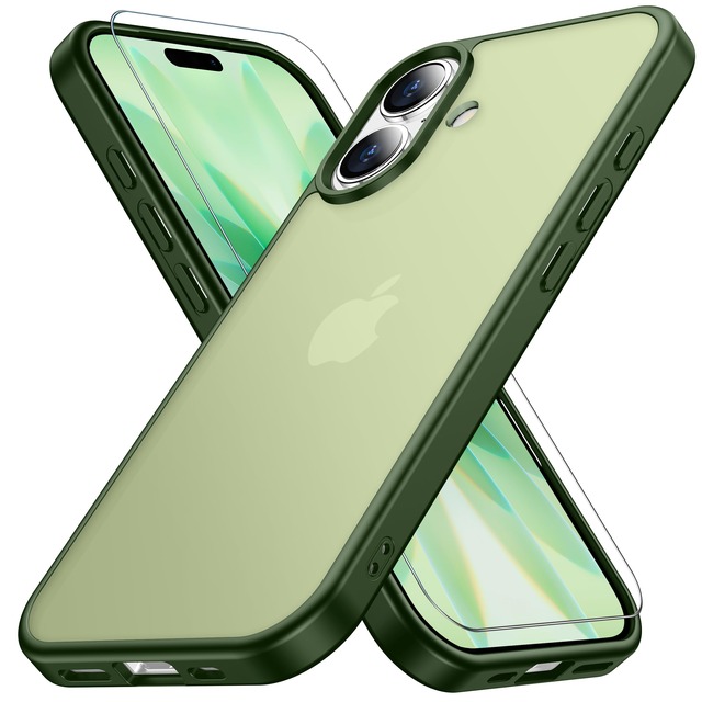 iphone 17 用 ケース 【米軍MIL規格 指紋防止】 ガラスフィルム付き 半透明 耐衝撃 黄ばみなし マット 緑 gogorelax