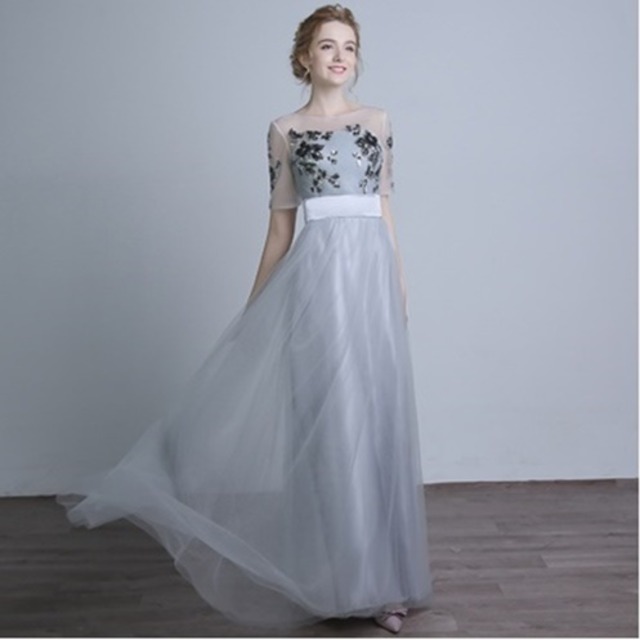 パーティードレス 花柄 スパンコール 半袖 ロング丈 マキシ丈 フレア Ａライン ２色 大人 フェミニン エレガント パーティー 女子会 結婚式 二次会 お呼ばれ ワンピース フォーマル 2018年新作 婚活パーティー 披露宴 ウェディング 演奏会