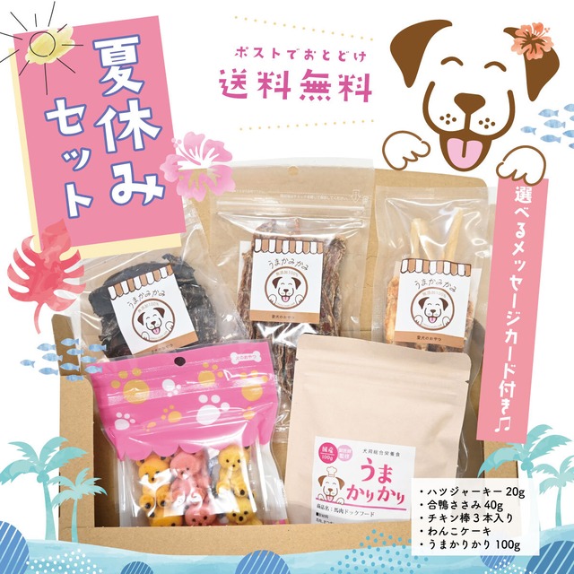 【送料無料】夏休みセット(チキン棒/かりかり/合鴨ささみ/馬ハツジャーキー/わんこケーキ)