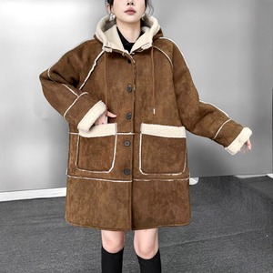 SUEDE LIKE FLEECE LINED HOODED MIDI COAT 1color M-15343