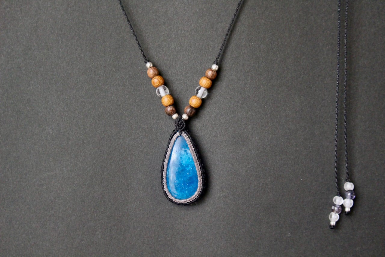 Blue Apatite  micro macrame woody pendant