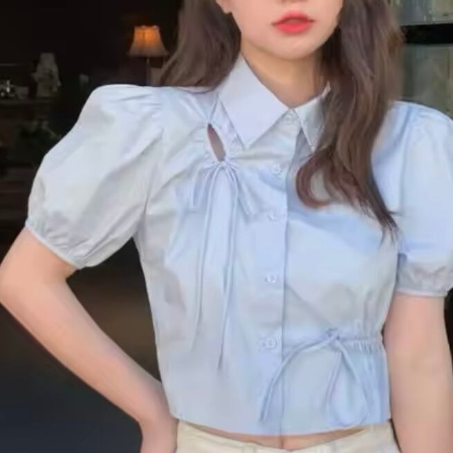 リボンデザインパフスリーブシャツ