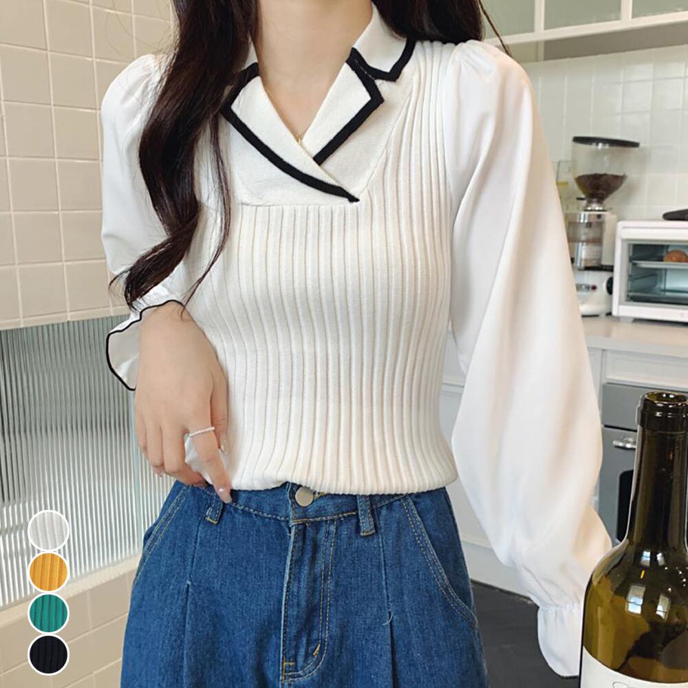 袖切り替え ニットトップス 韓国 秋服