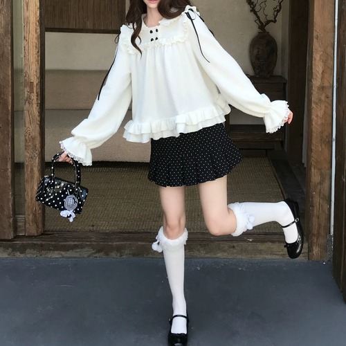 リボンショルダーフリルハートボタンニット ・79234