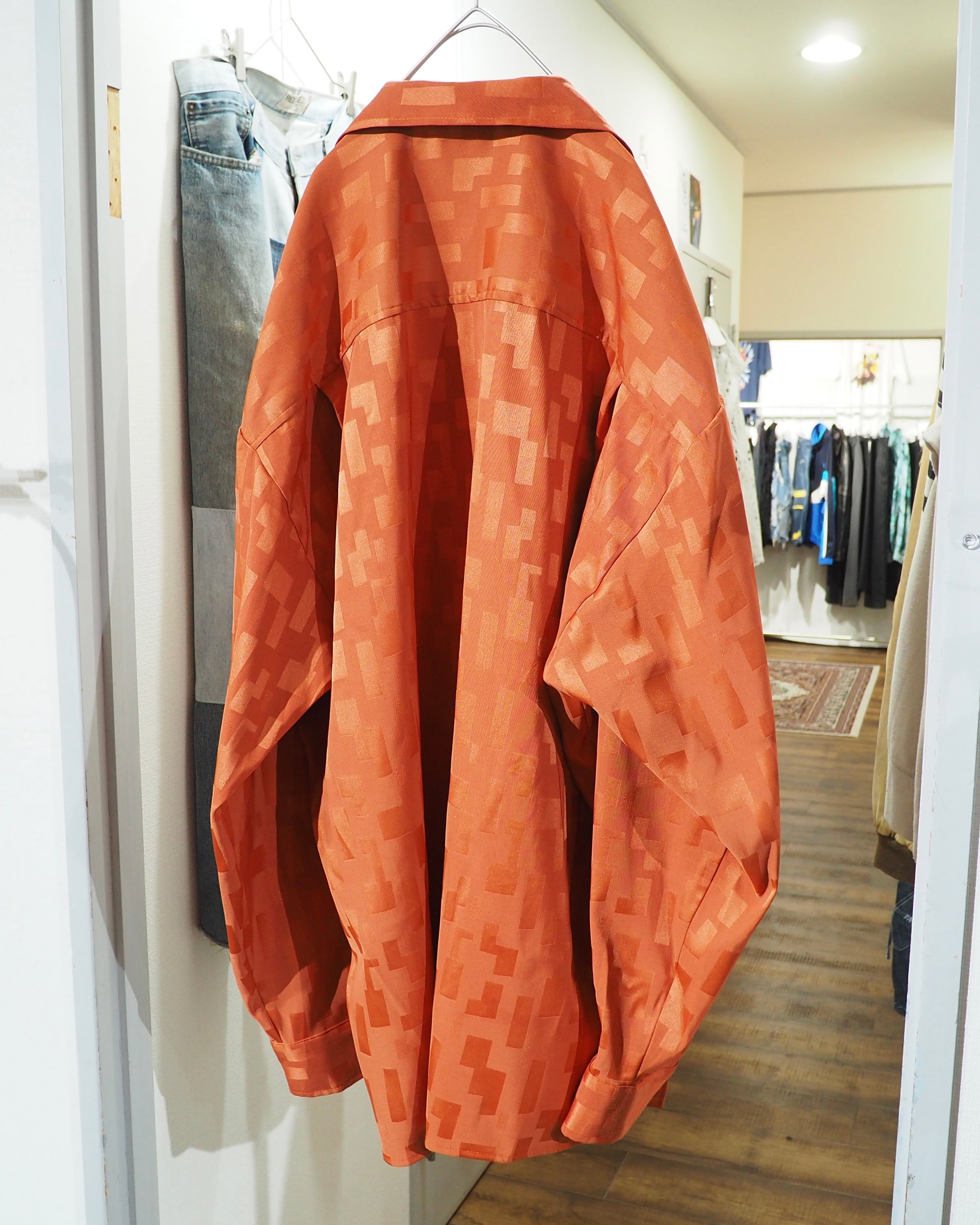 1990s " Made in USA ‐ Smash " Vivid Orange × Block Pattern Vintage Loose Open Collar Shirt