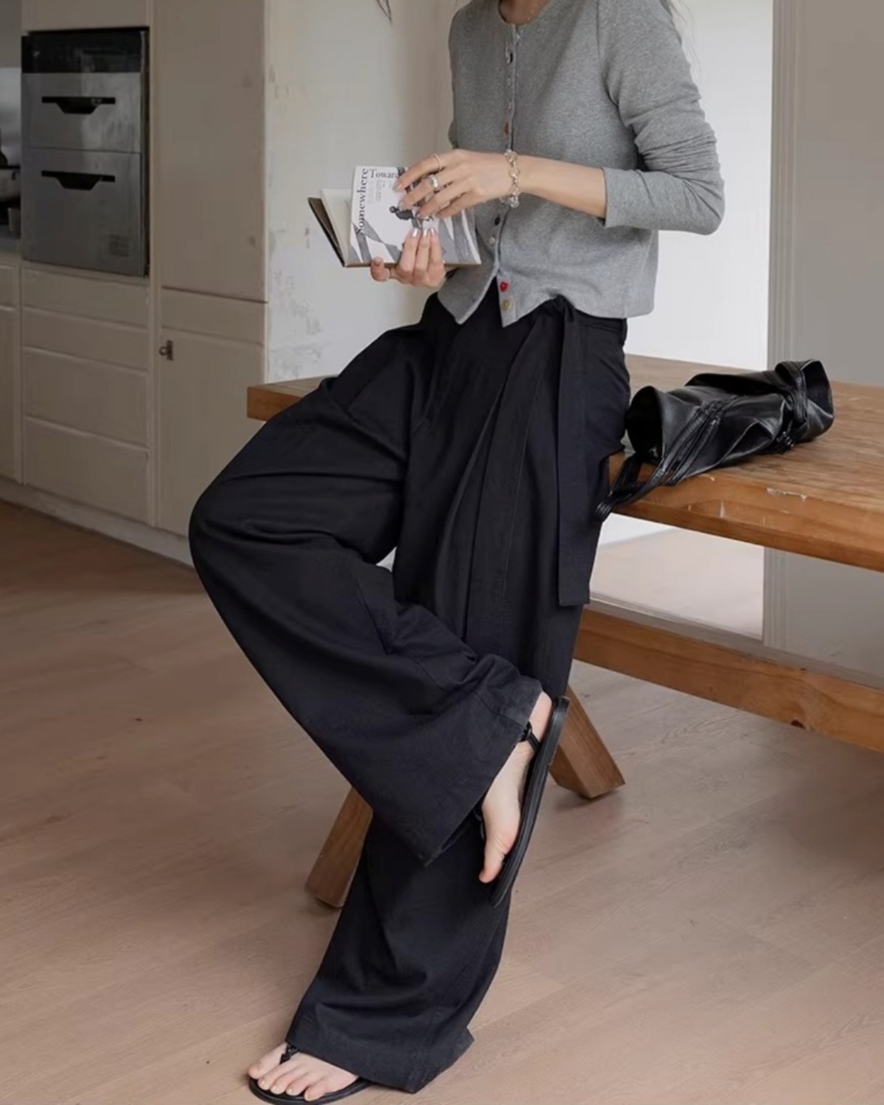 Belted wide leg full length Pants L0156