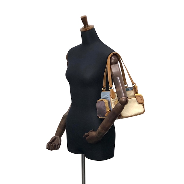 PRADA プラダ トートバッグ ベージュ ブルー トライアングルロゴ キャンバス マルチポケット vintage ヴィンテージ オールド fkki3a