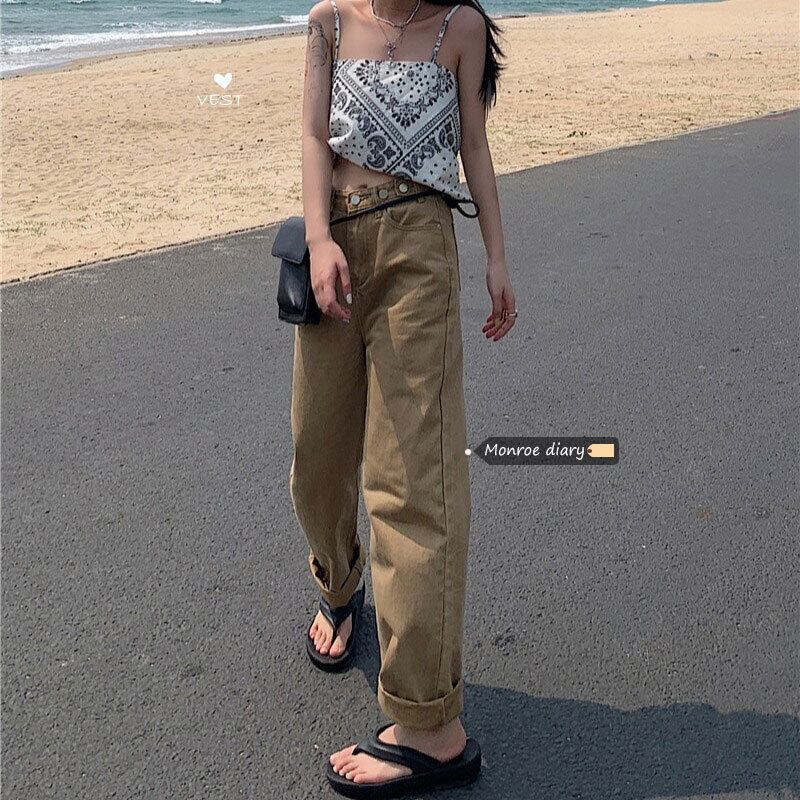 カーキハイウェストジーンズ サマー薄手ルーズパンツ 夏物 モンロー66549459450